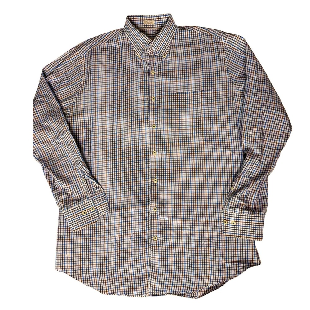 Peter Millar Mens Large Blue Purple Brown Check Cotton Button Down Long Sleeve